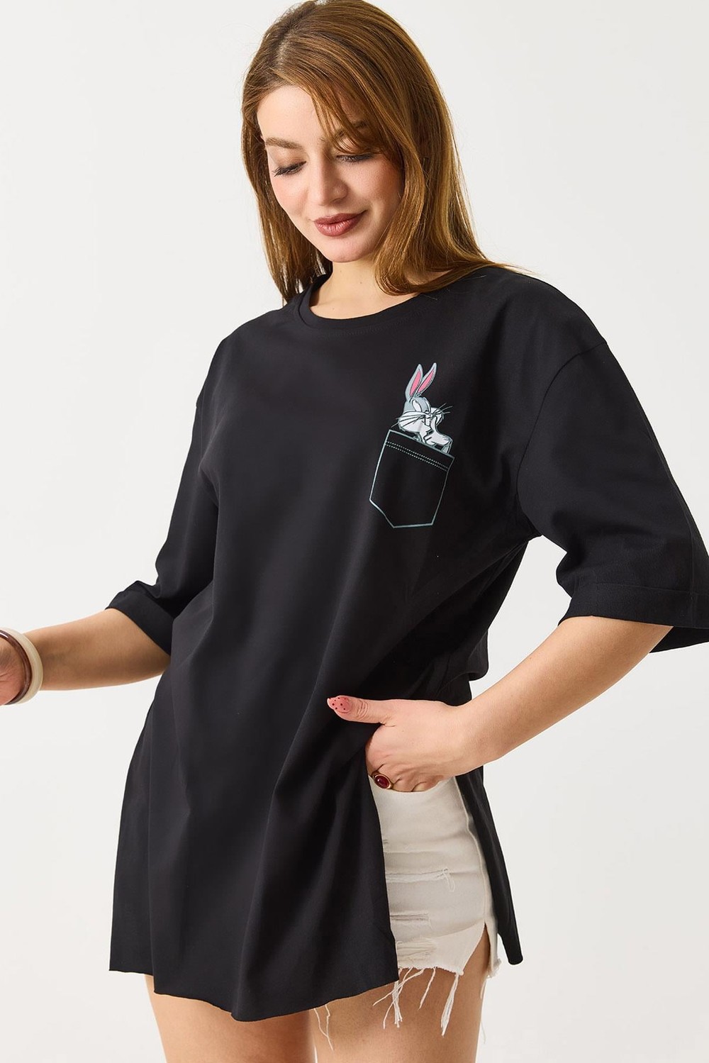 Kadın Yanları Yırtmaçlı Oversize  Basic Tshirt  Siyah