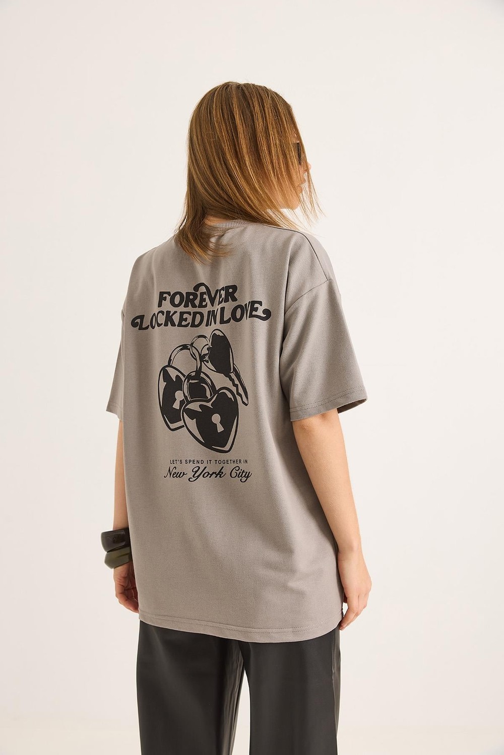 Baskılı Oversize İki İplik Tshirt Gri