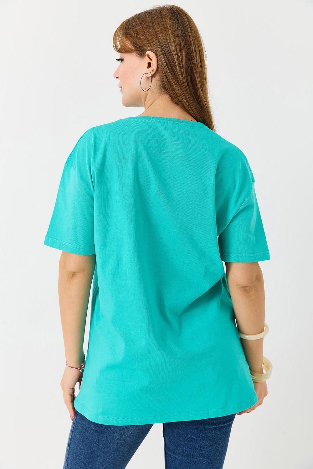 Kadın Bisiklet Yaka Baskılı Kısa Kol Tshirt Yeşil