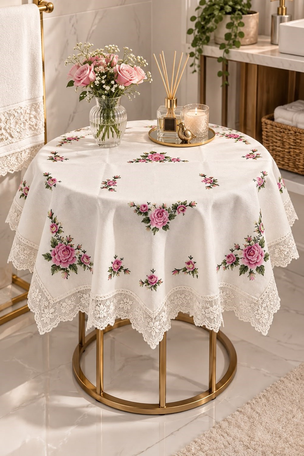Çiçek Desenli Dantel Detaylı 90x90cm Ölçülü Fiskos Örtüsü Krem