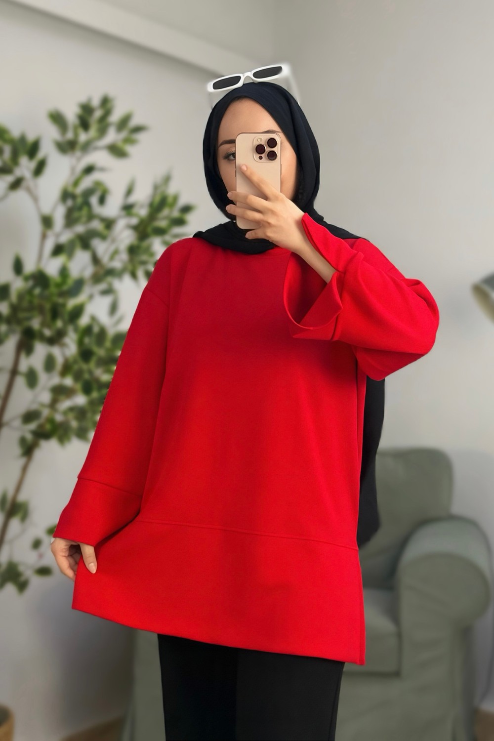Kadın Kırmızı Oversize Manşet Detaylı Tunik