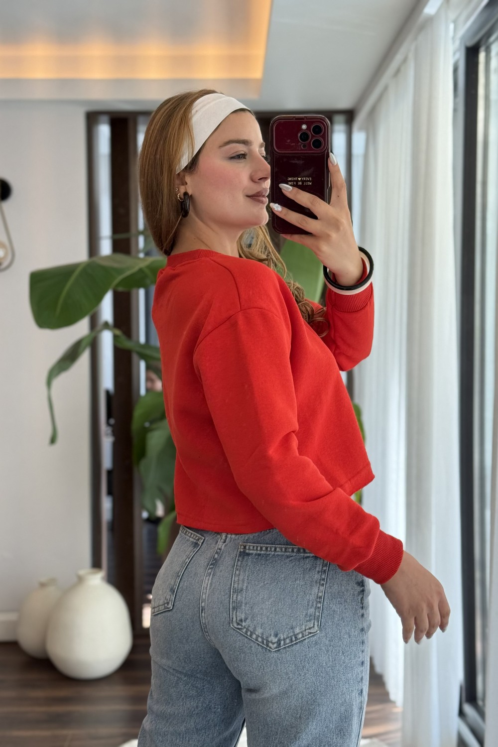 Kadın Bisiklet Yaka Sweatshirt Kırmızı