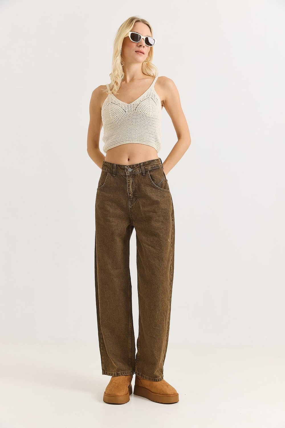 Kadın Bol Paça Kot Pantalon  Kahverengi