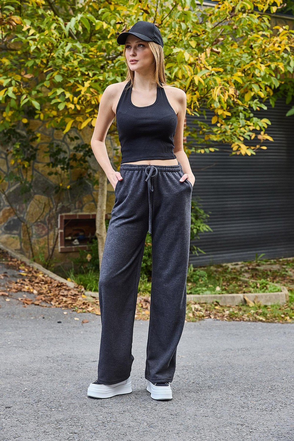 Kadın Selanik Yüksel Bel Esnek ve Dökümlü Triko Pantalon Füme