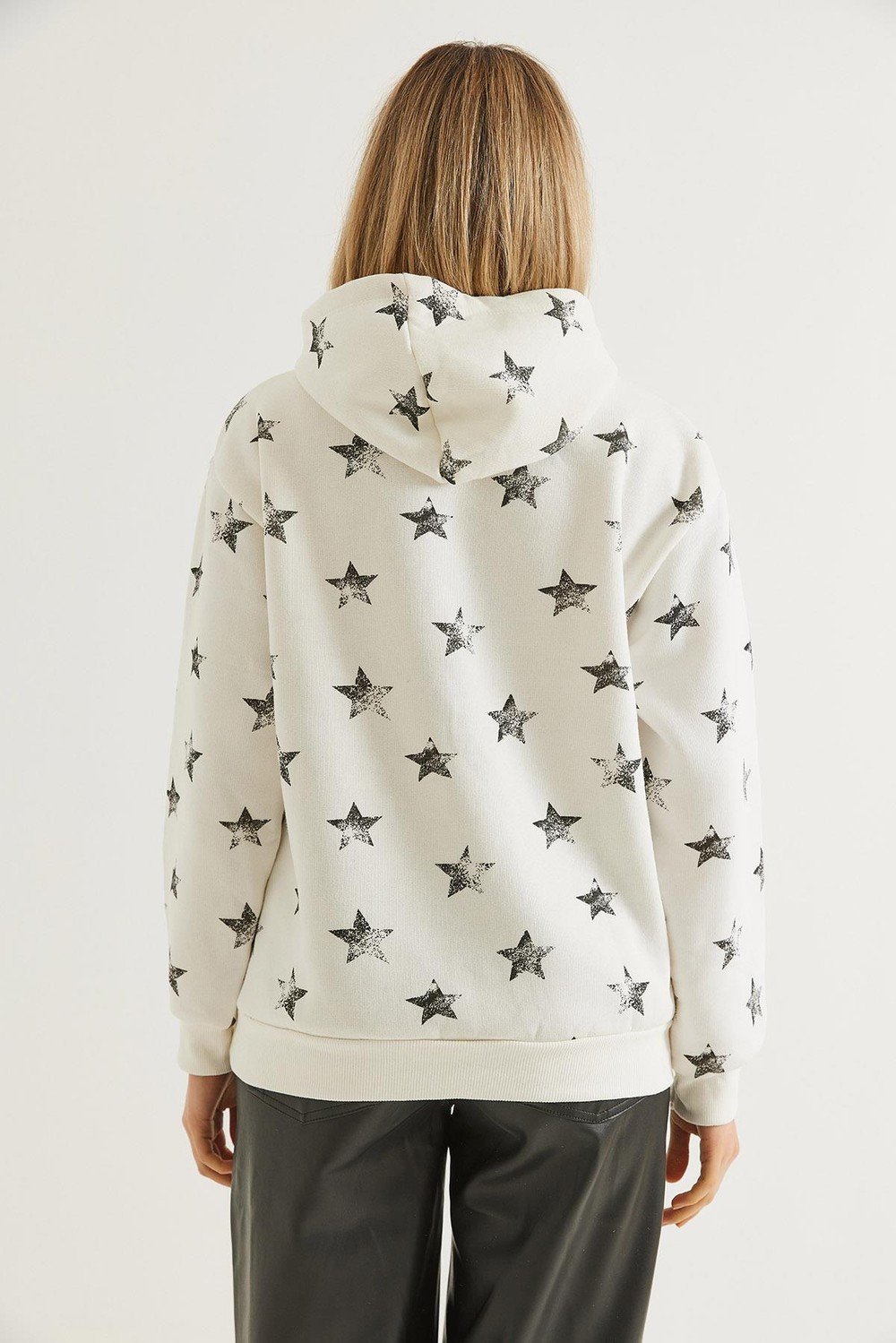 Yıldız Baskılı Oversize Kapüşonlu Sweatshirt Ekru