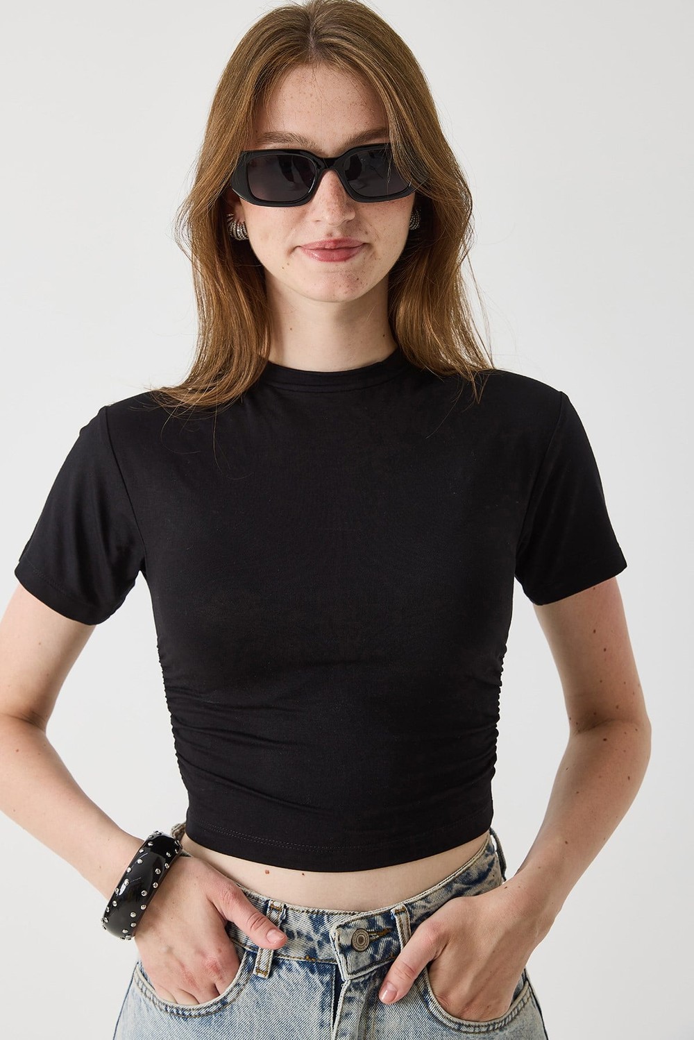 Kadın Bisiklet Yaka Penye Crop Bluz Siyah