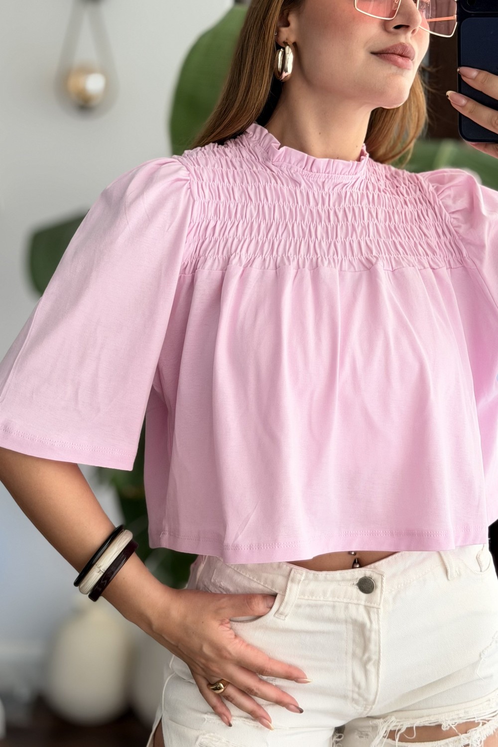 Kadın Bisiklet Yaka Göğsü Gipeli Kısa Kol Crop Bluz Pembe
