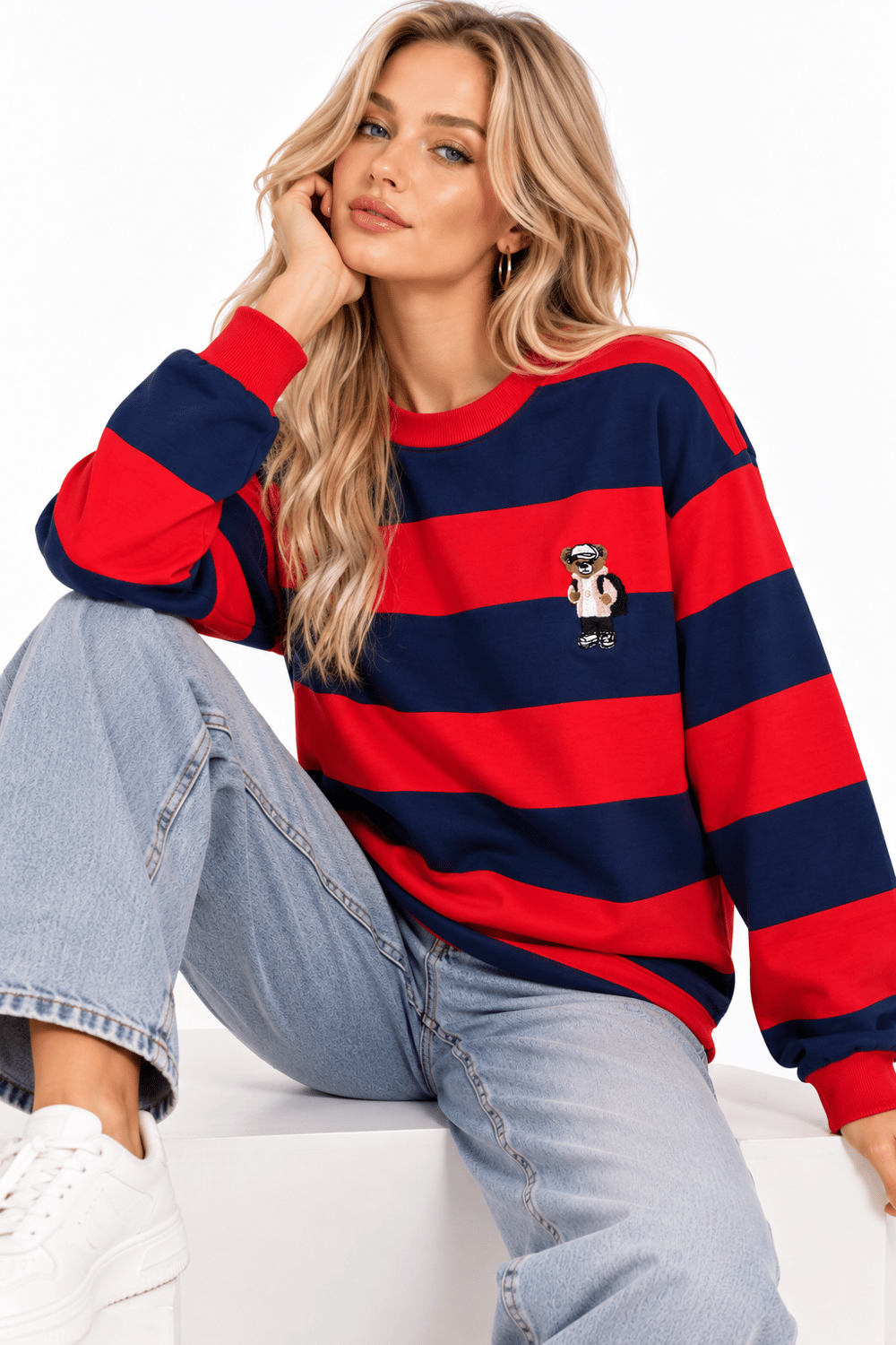 Kadın Uzun Kollu Çizgili Ayıcık Desenli Sweatshirt Kırmızı