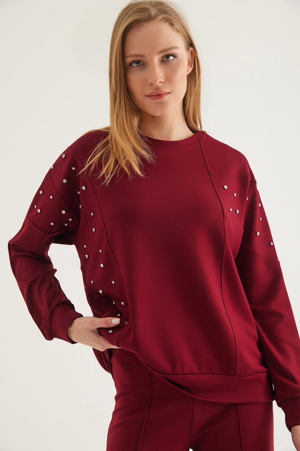Taş Detaylı Modal Sweatshirt Bordo