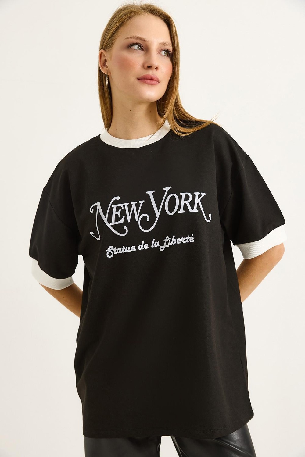 Baskılı Oversize Bisiklet Yaka Tshirt Siyah