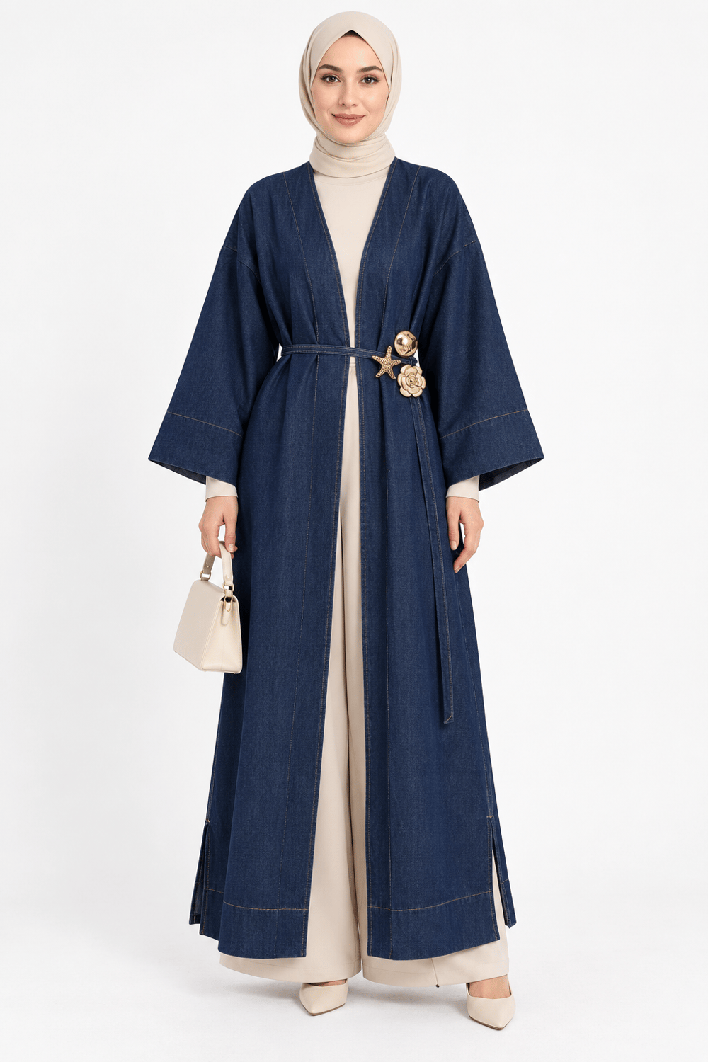 Kadın Yanları Yırtmaçlı Önden Bağlama Ve Charm Detaylı Jean Kap/Abaya Lacivert