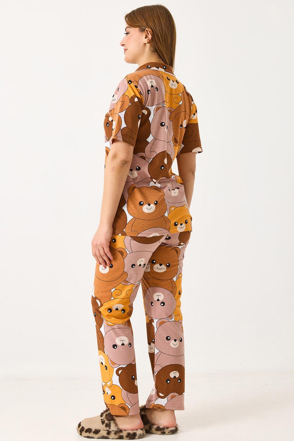 Kadın Kısa Kollu Düğmeli Desenli Pijama Takımı Taba