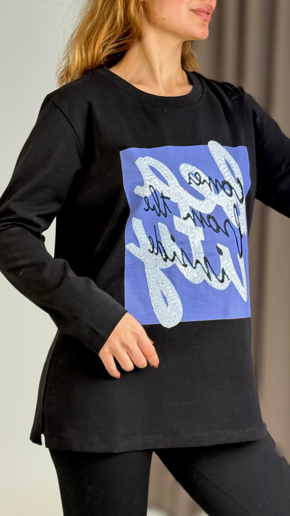 Kadın Siyah Baskılı Uzun Kollu Tshirt
