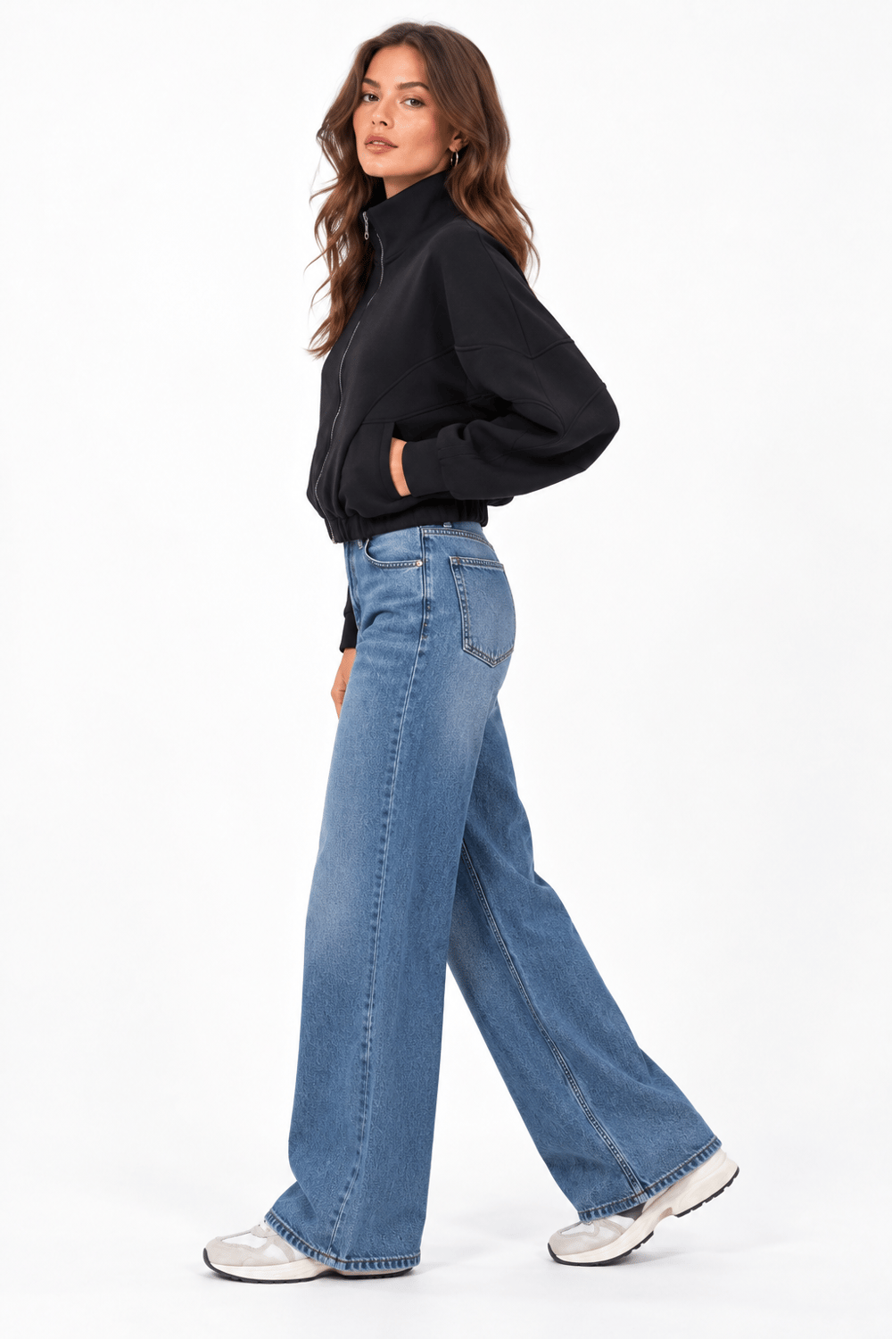 Kadın Balıkçı Yaka Fermuarlı Beli Büzgülü Sweatshirt Siyah