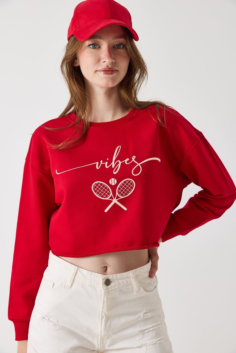 Kadın İki iplik Crop Sweatshirt Kırmızı