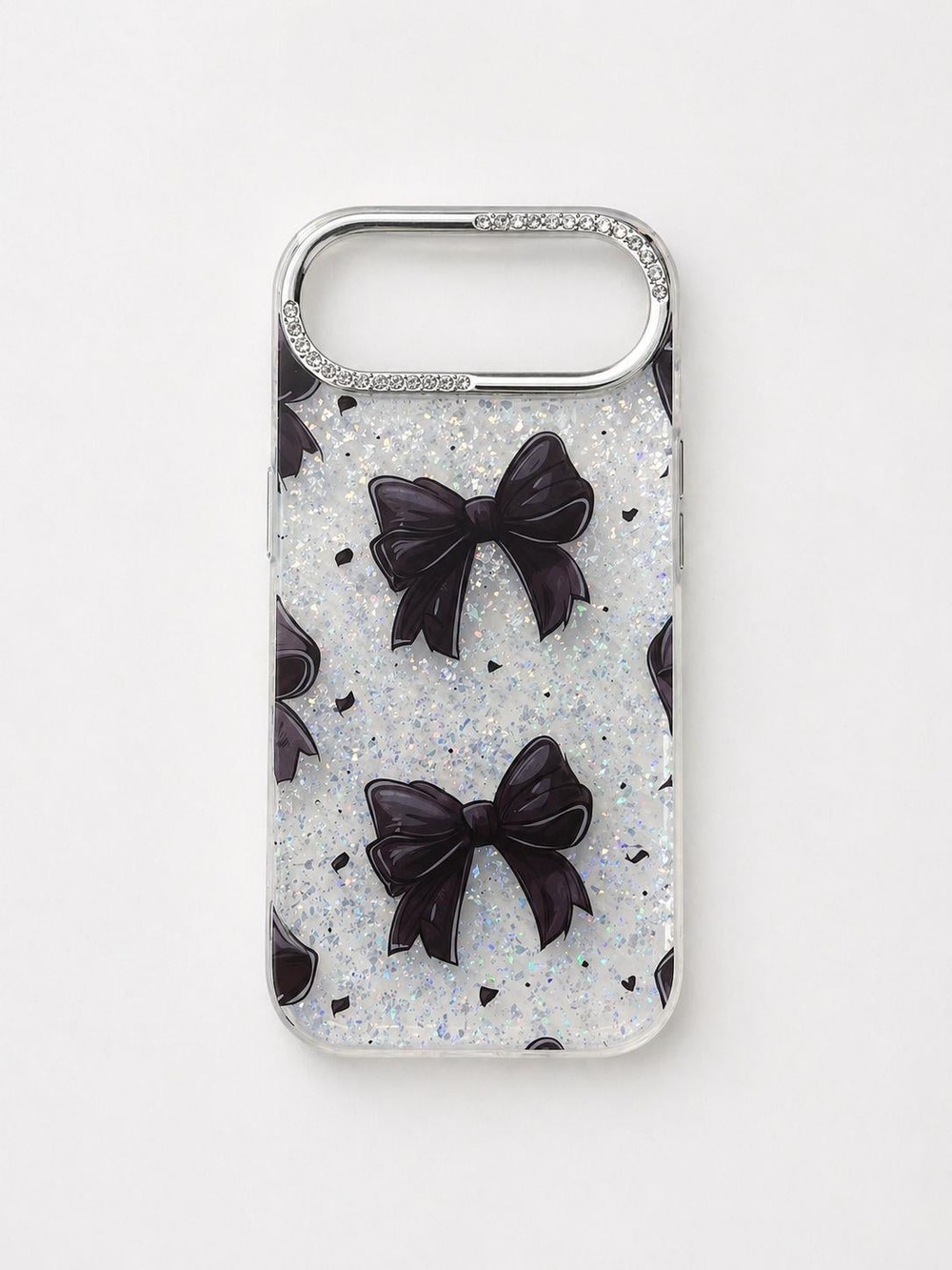 İphone 17 Air Uyumlu Siyah Fiyonk Desenli Glitterlı Kılıf Şeffaf