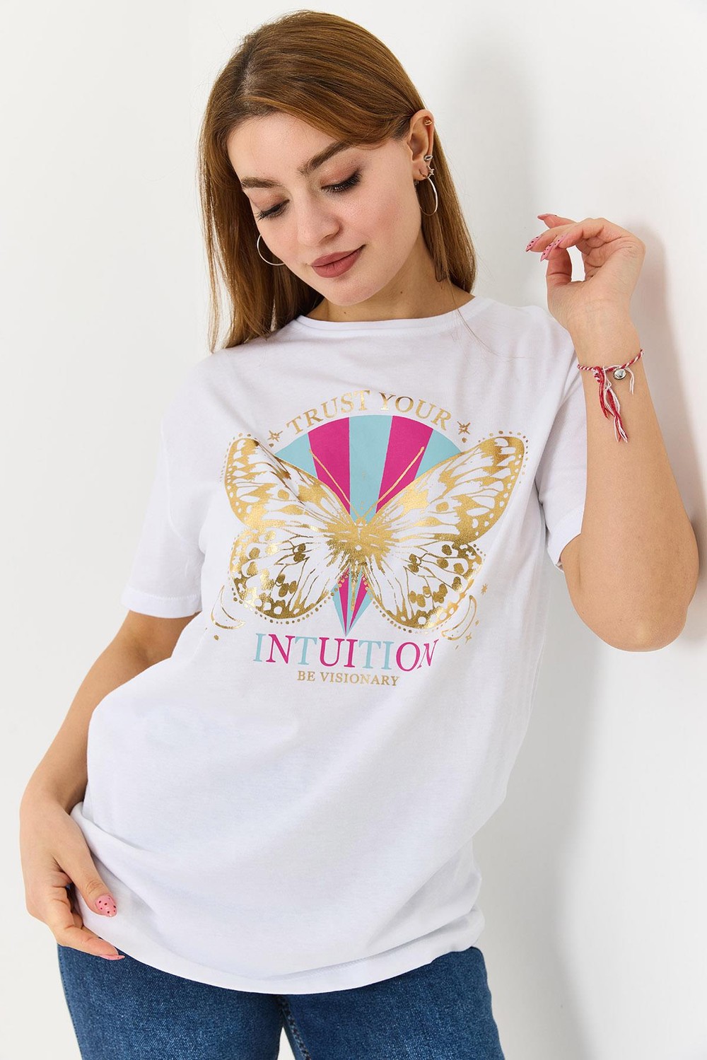 Kadın  Bisiklet Yaka Baskılı Kısa Kol Tshirt Beyaz