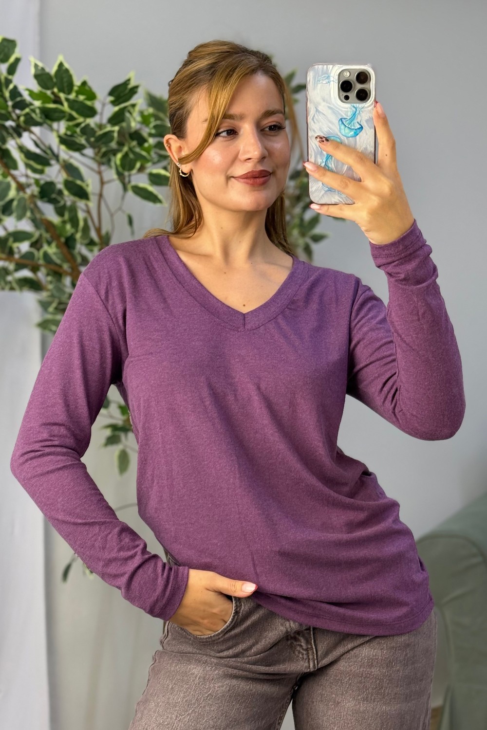 Kadın V Yaka Uzun Kollu Tshirt Mor