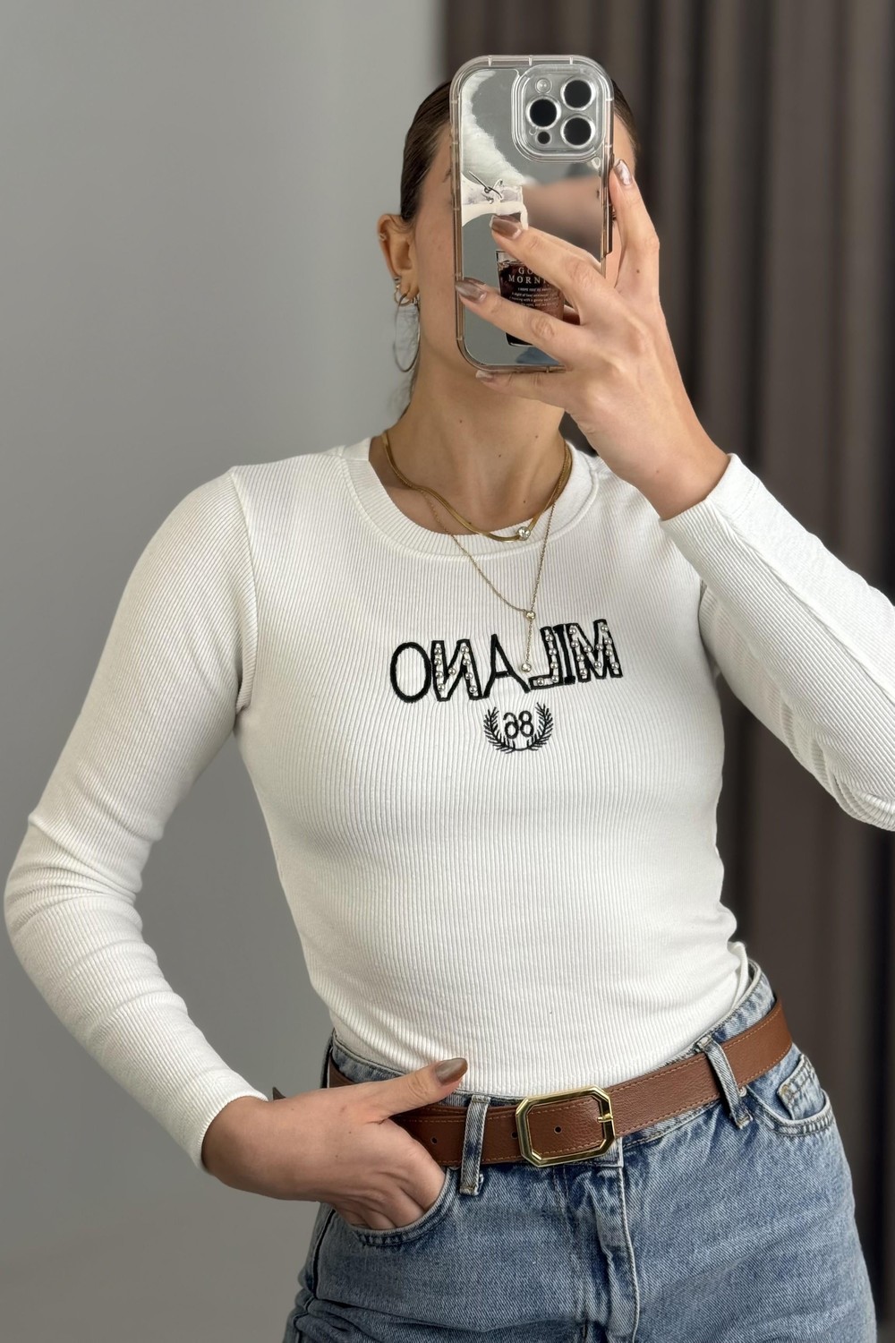 Kadın Uzun Kollu Kaşkorse Yazı Baskılı Crop Bluz Ekru