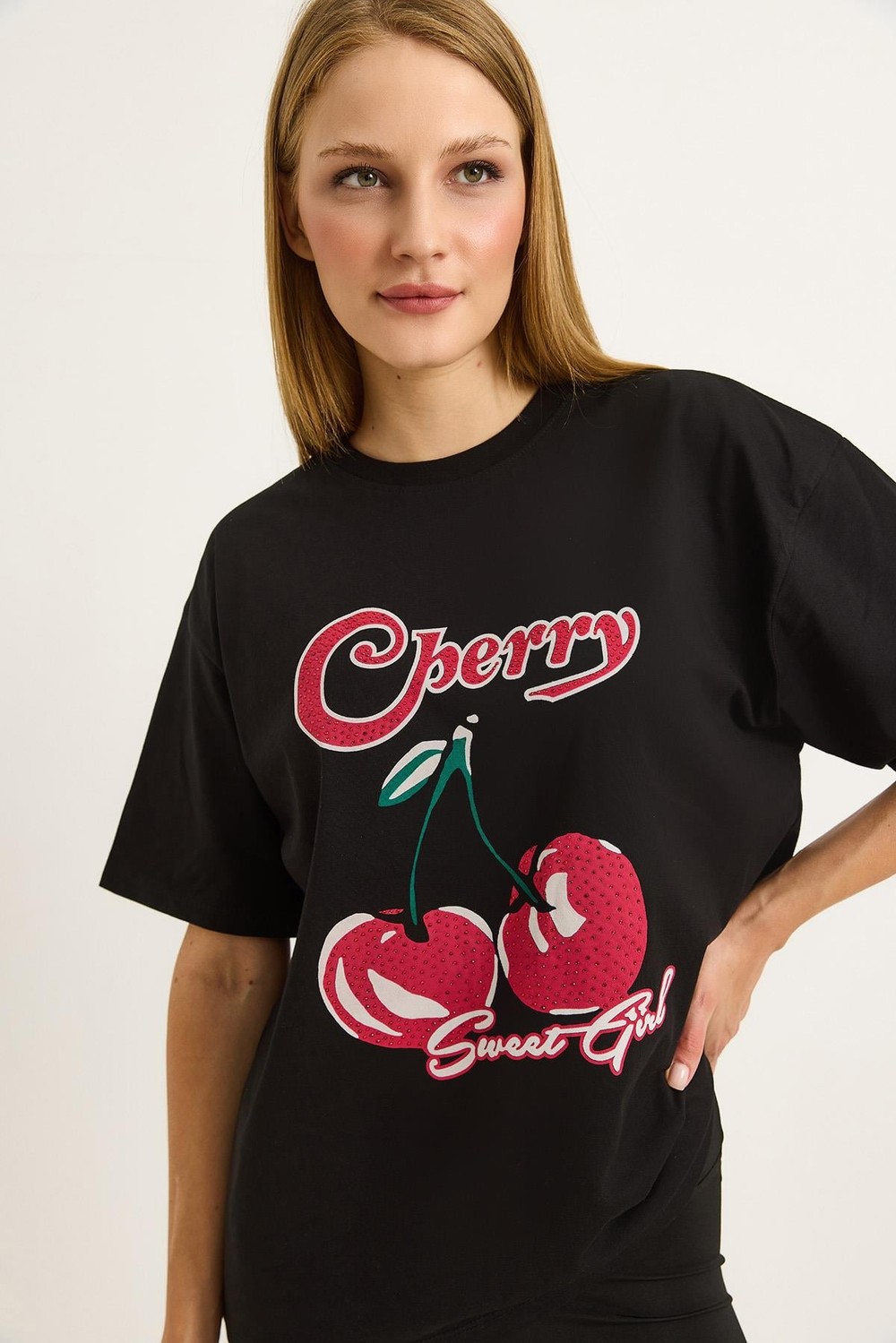 Baskılı Bisiklet Yaka Kadın Tshirt Siyah