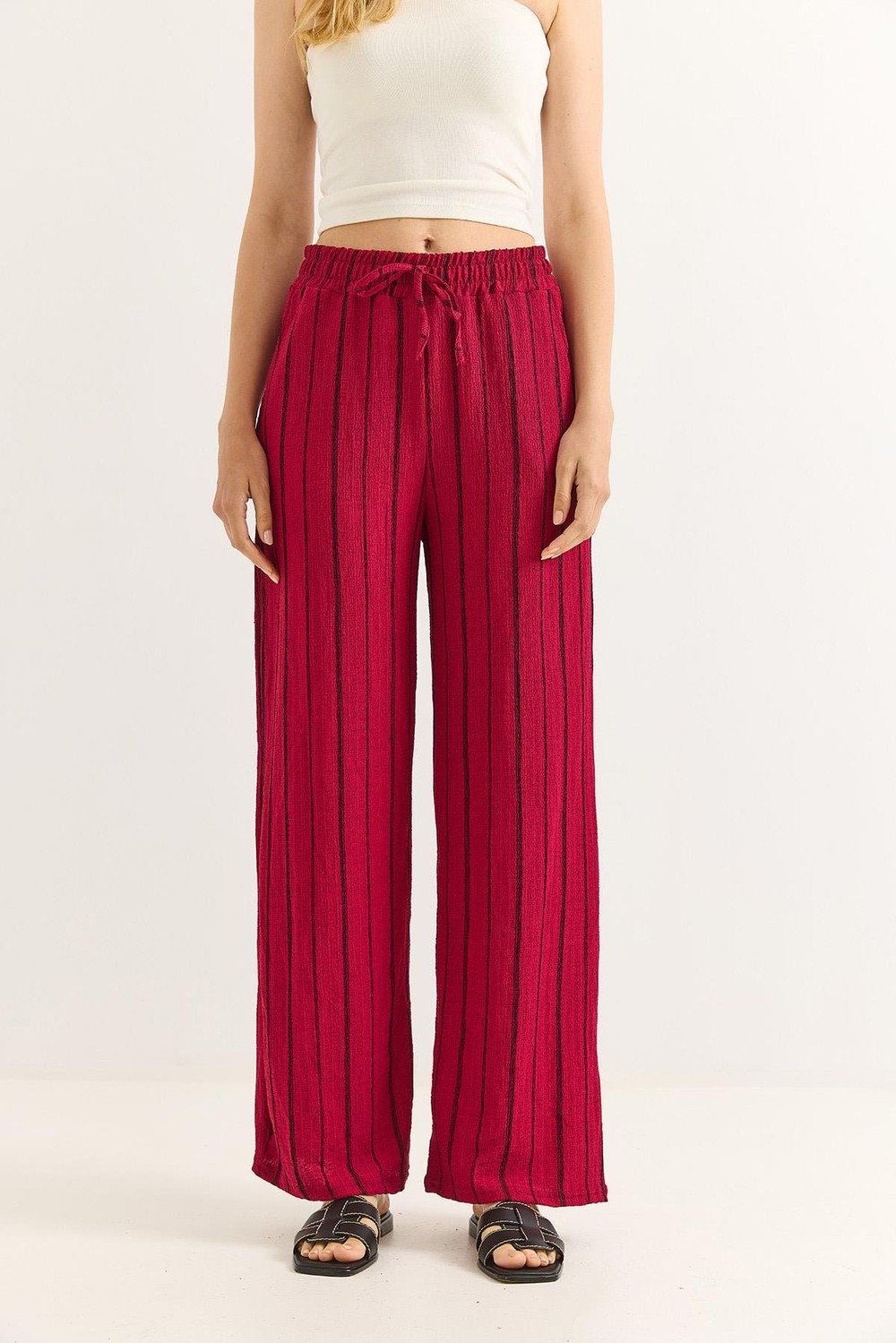 Bürümcük Çizgili Rahat Kesim Pantalon Bordo