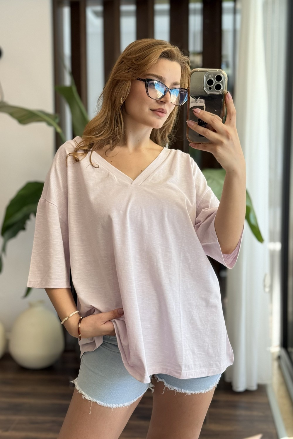 Kadın V Yaka Oversize Salaş Tshirt Lila