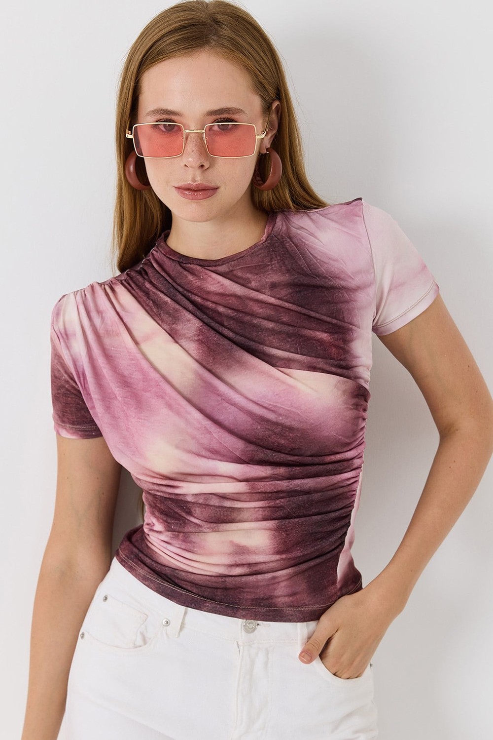 Kadın Drapeli Dijital Baskı Renkli Tshirt Pembe