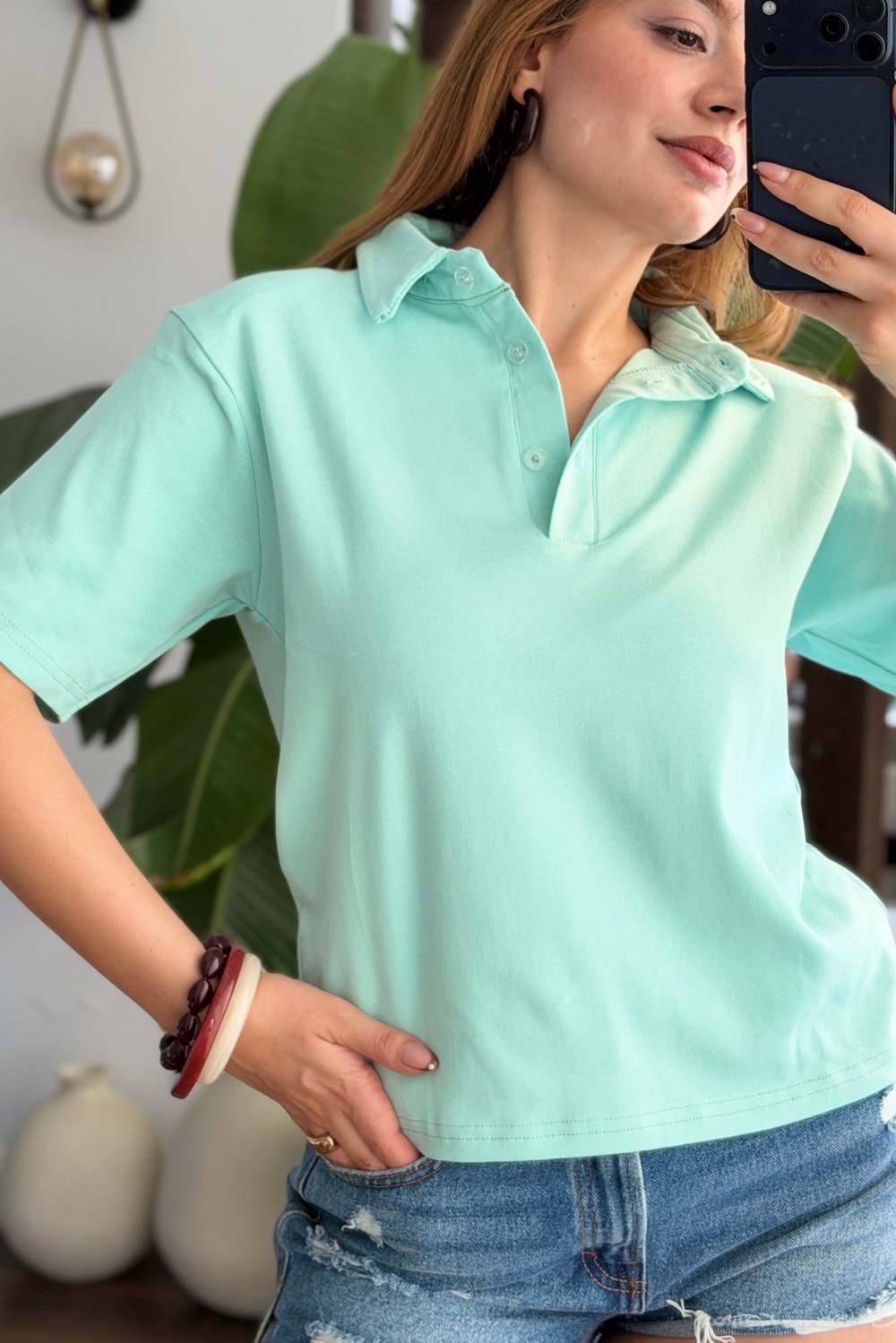 Kadın Vatkalı Polo Yaka Tshirt Yeşil