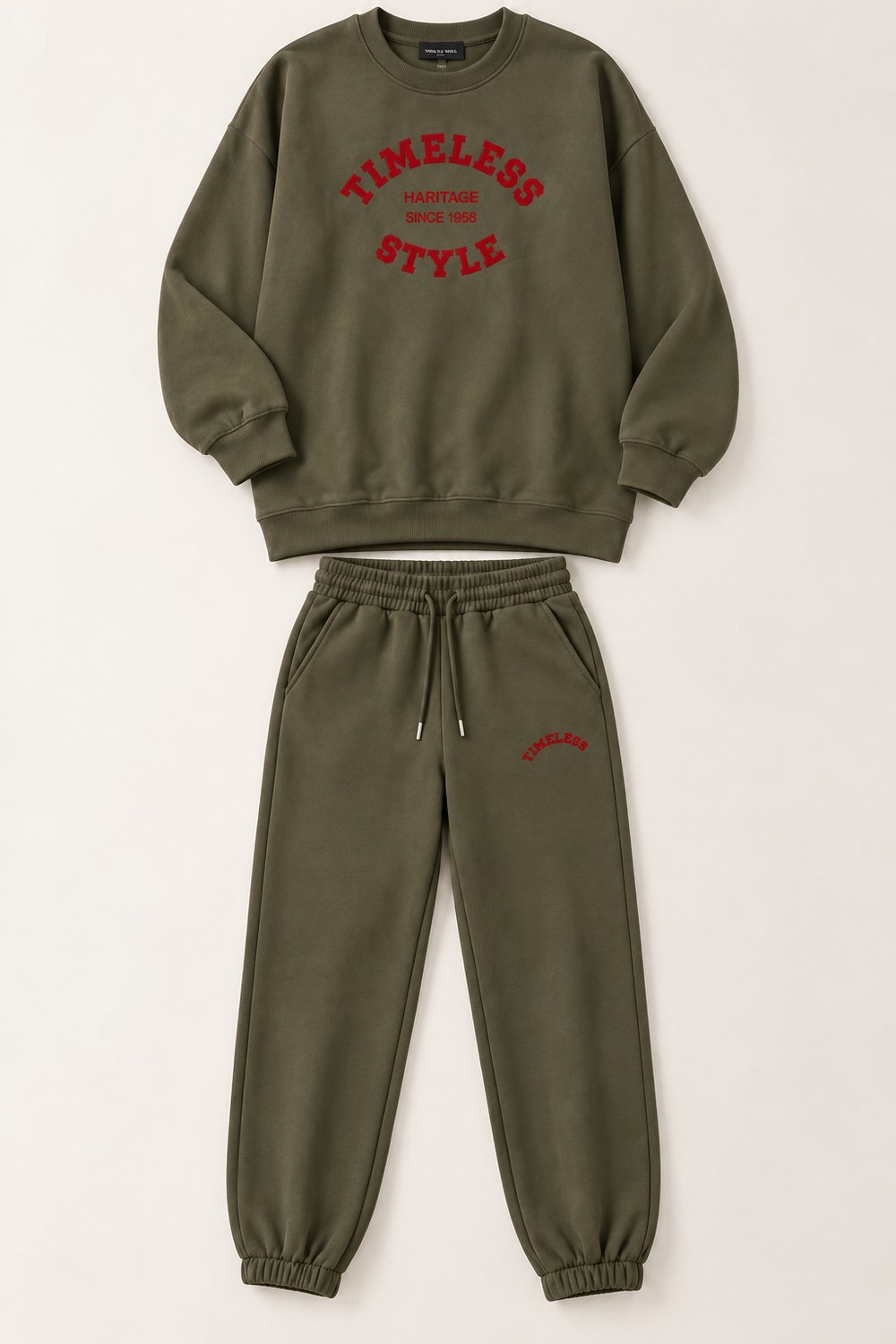 Kadın Ayıcık Baskılı Bisiklet Yaka Oversize Sweatshirt Haki