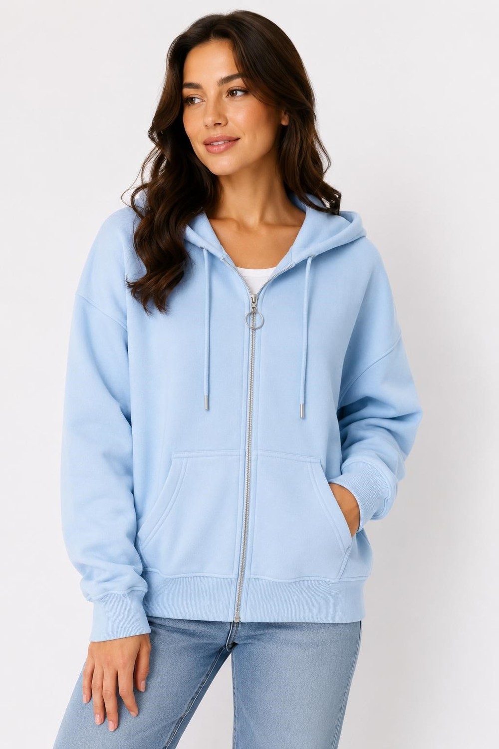 Kadın Kapüşonlu Fermuar Detaylı Cepli Sweatshirt Mavi