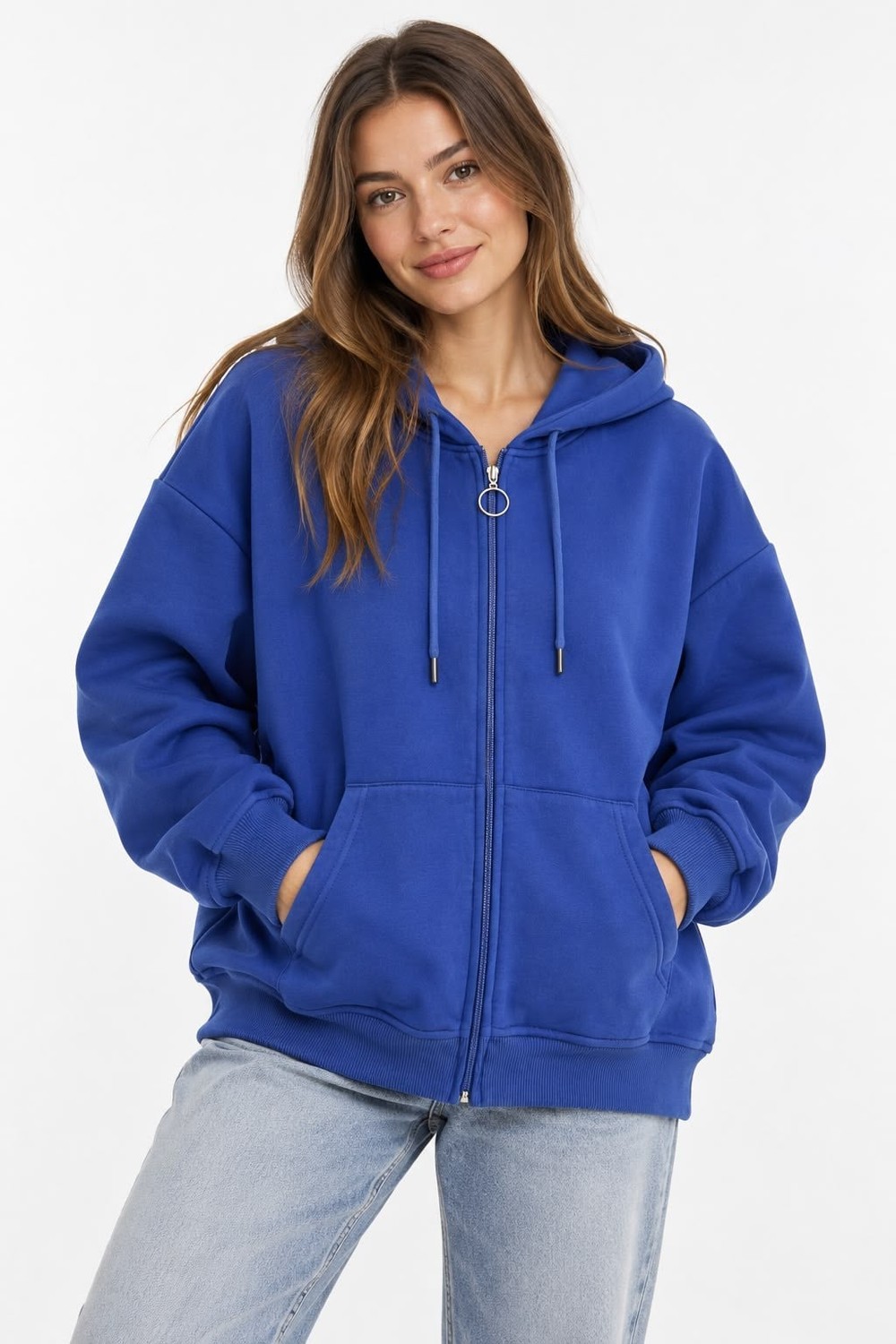 Kadın Kapüşonlu Fermuar Detaylı Cepli Sweatshirt Koyu  Mavi