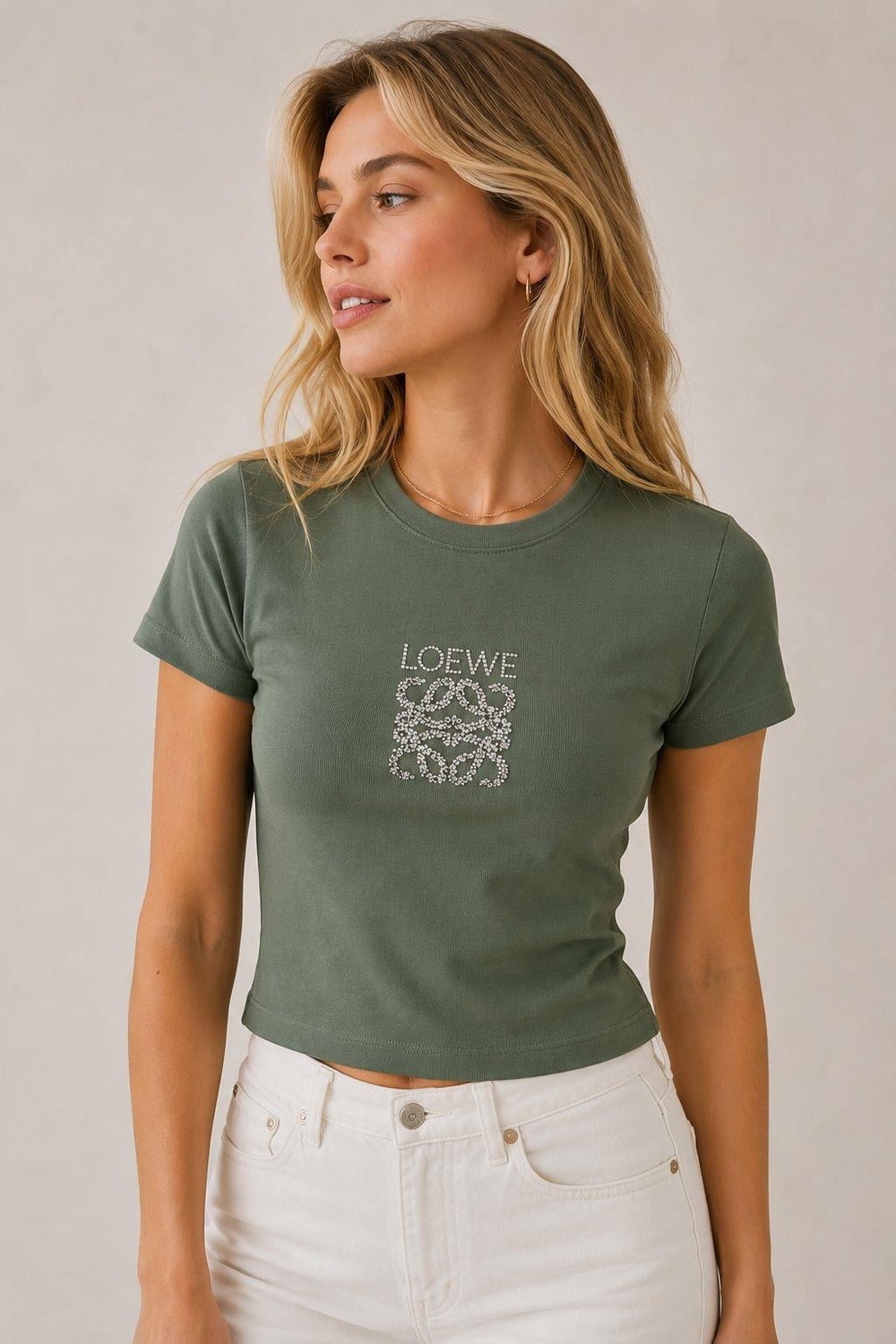 Kadın Love Taş Baskılı Penye Crop Bluz Haki