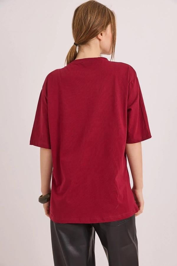 Kadın Bisiklet Yaka Göz Baskılı Oversize Tshirt Bordo
