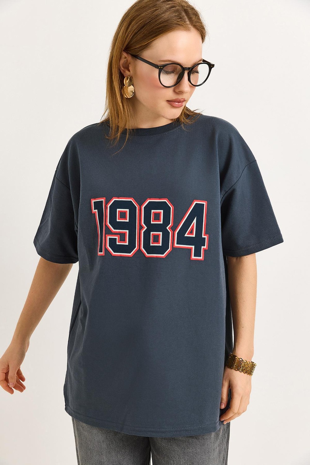 1984 Baskılı Oversize Tshirt Füme