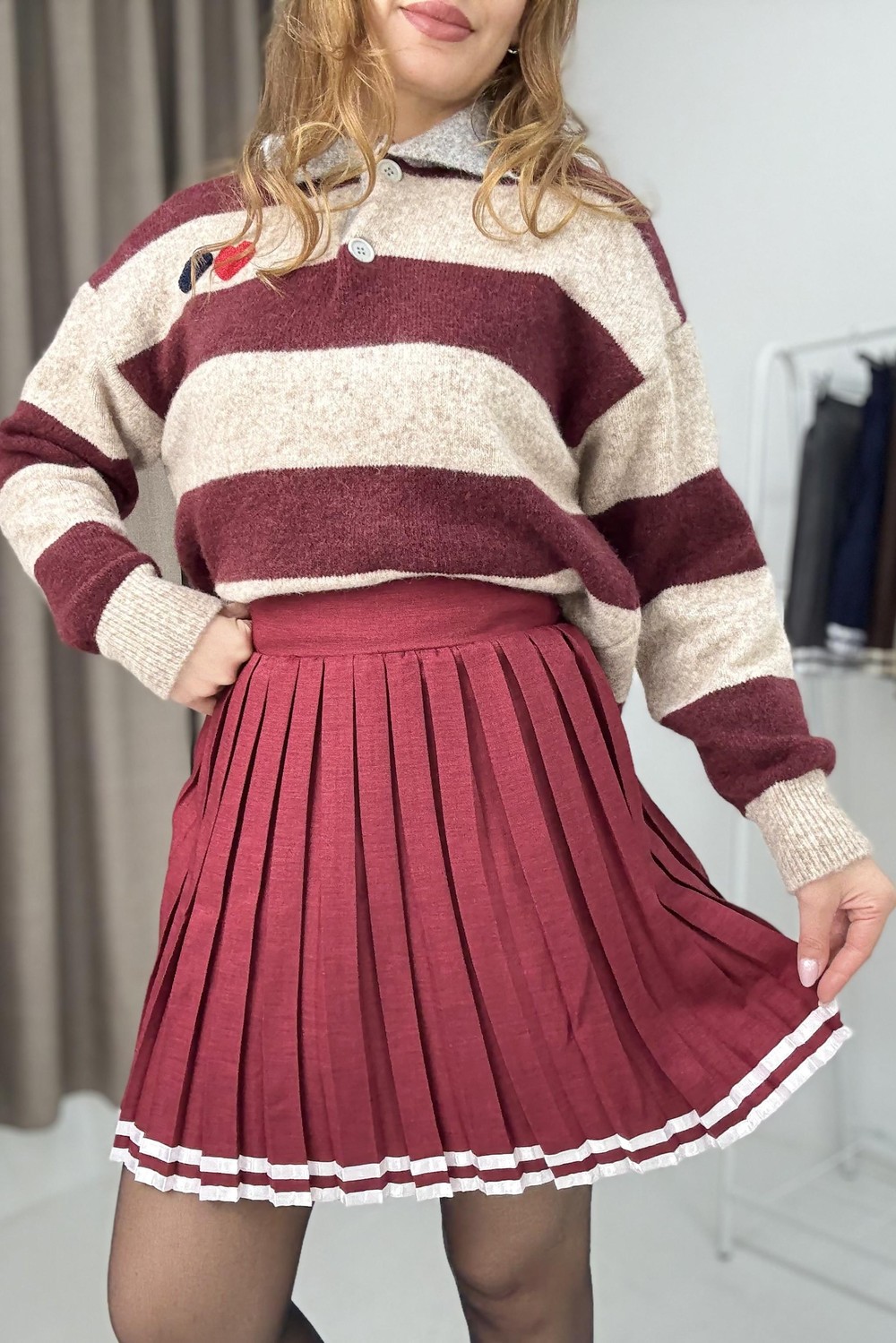 Kadın Pileli Kolej Mini Etek Bordo