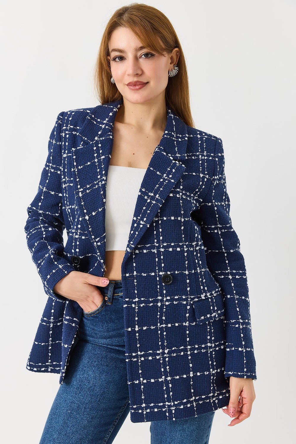 Kadın Ekoseli Blazer Ceket Lacivert