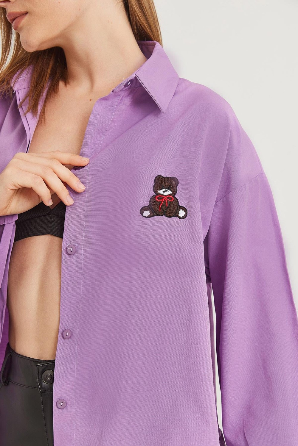 Ayıcık Nakışlı Oversize Basic Gömlek Mor