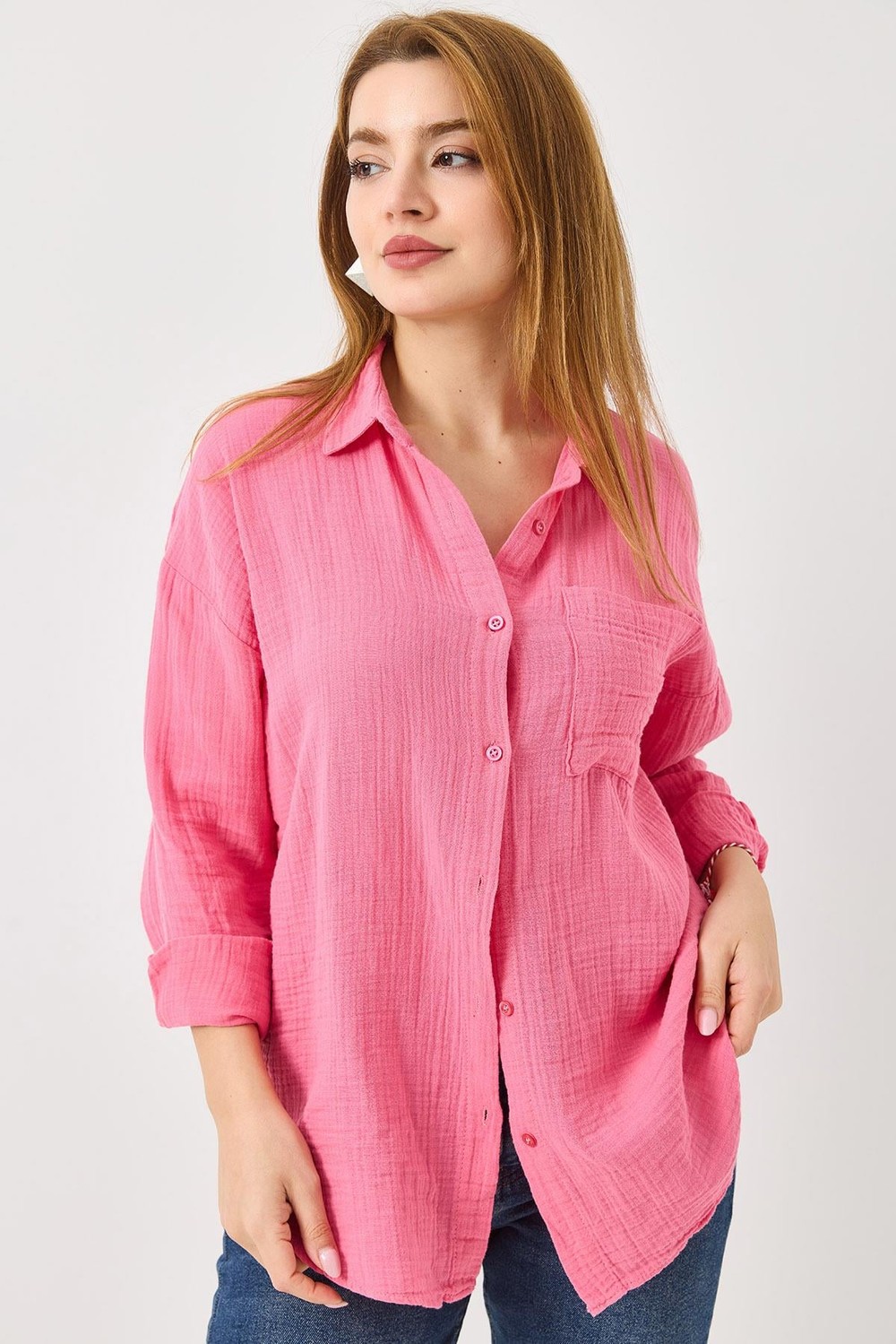 Uzun Kollu Oversize Gömlek Pembe