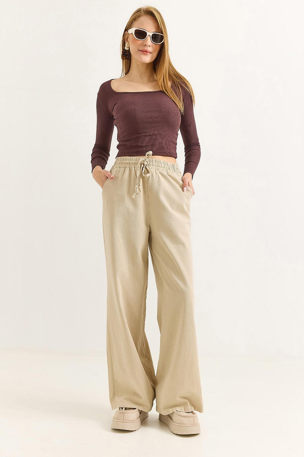 Kadın Pantalon Geniş Paça Bağcıklı  Pantalon Bej