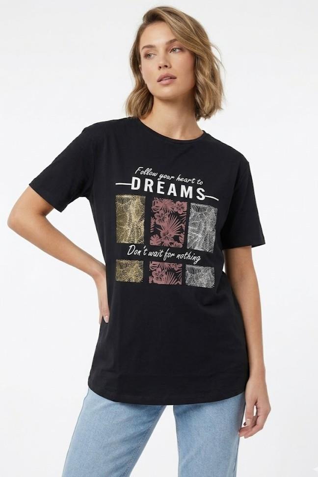 Kadın Bisiklet Yaka Kısa Kollu Baskılı Tshirt Siyah