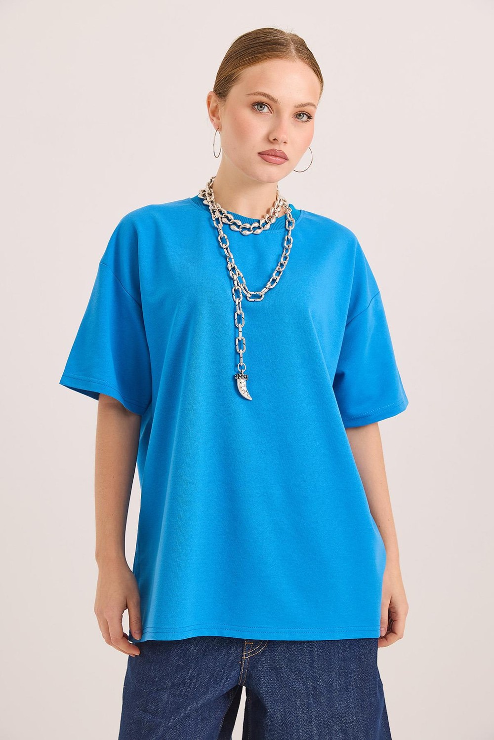 Oversize Bisiklet Yaka Basic Tshirt Mavi