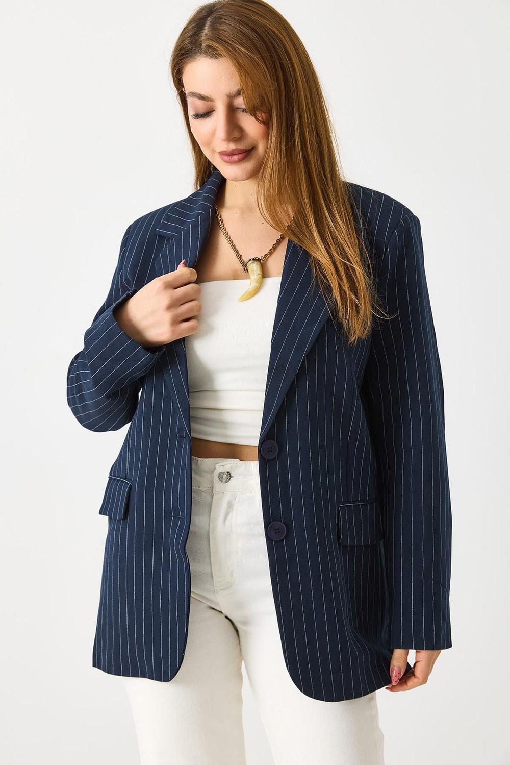 Kadın Çizgi Desen Blazer Ceket Lacivert