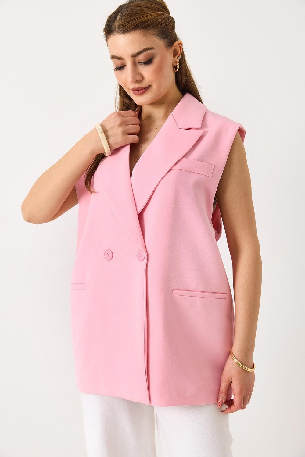 Kadın  Oversize Kruvaze Sıfır Kol Yelek Pembe