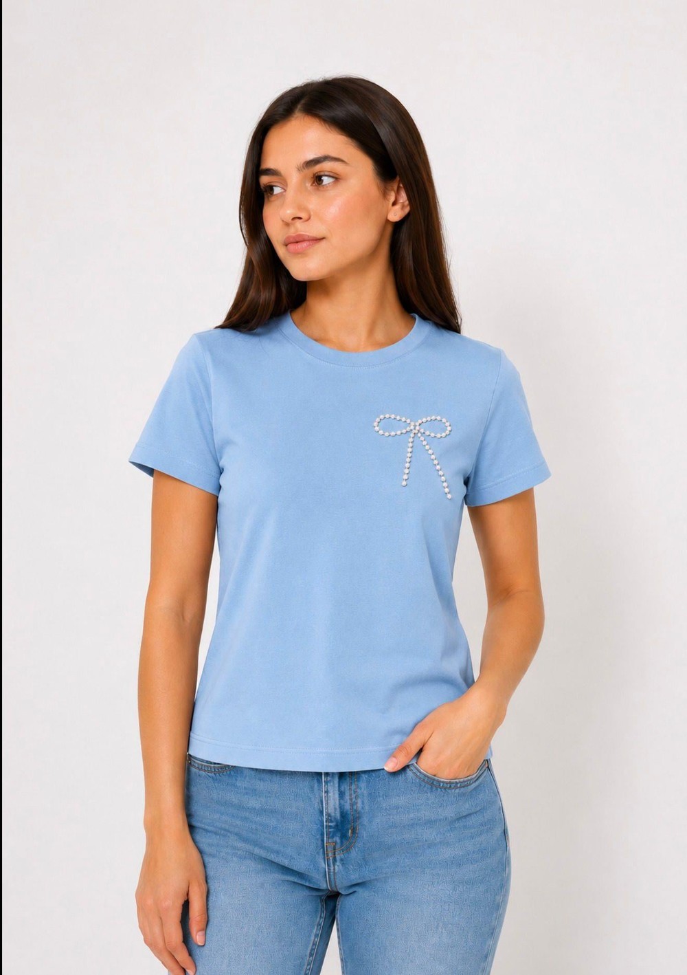 Kadın Kaşkorse Bisiklet Yaka Crop Bluz Mavi