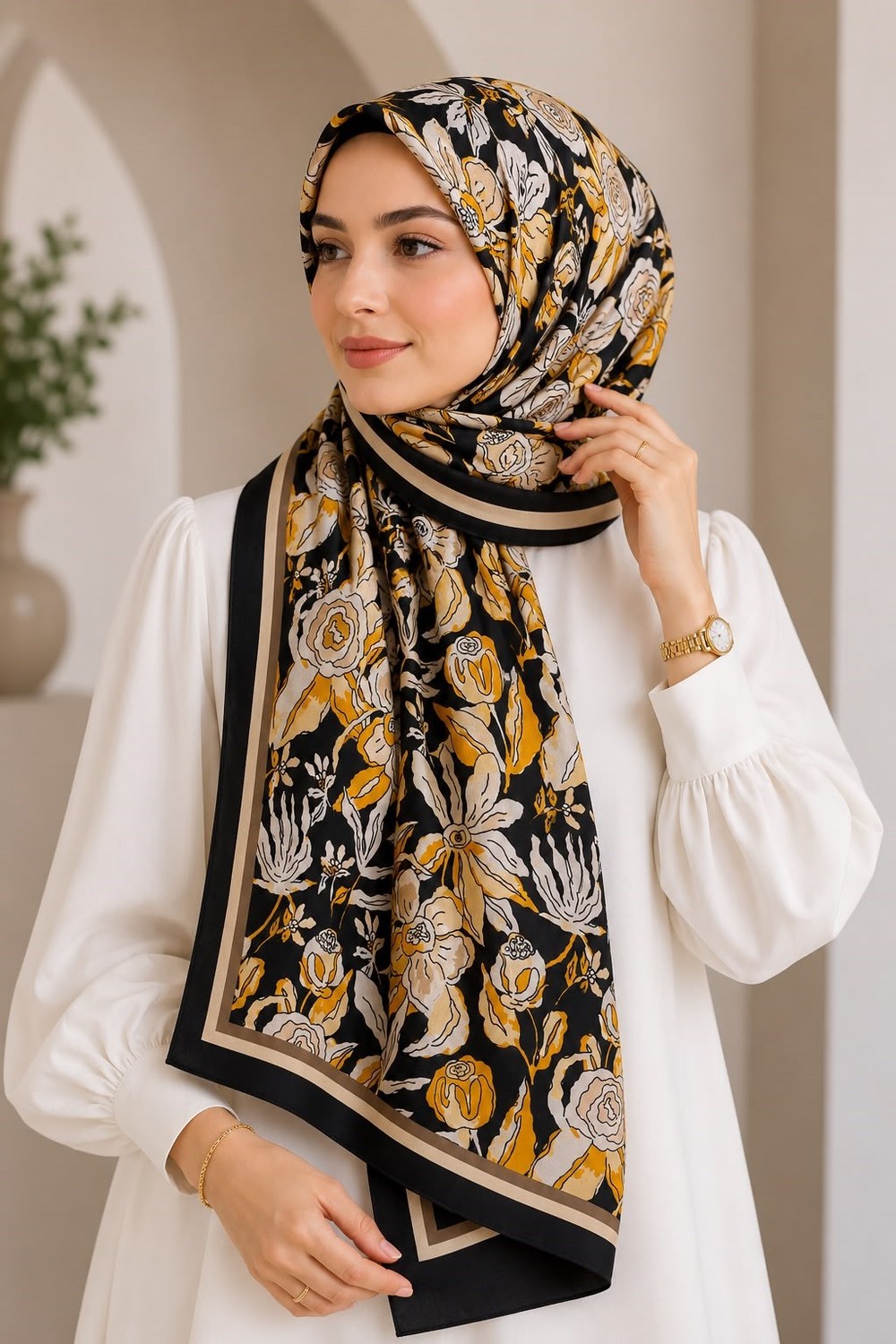 Kadın Soft Çiçekli 180X75 Ölçülü Şal Siyah