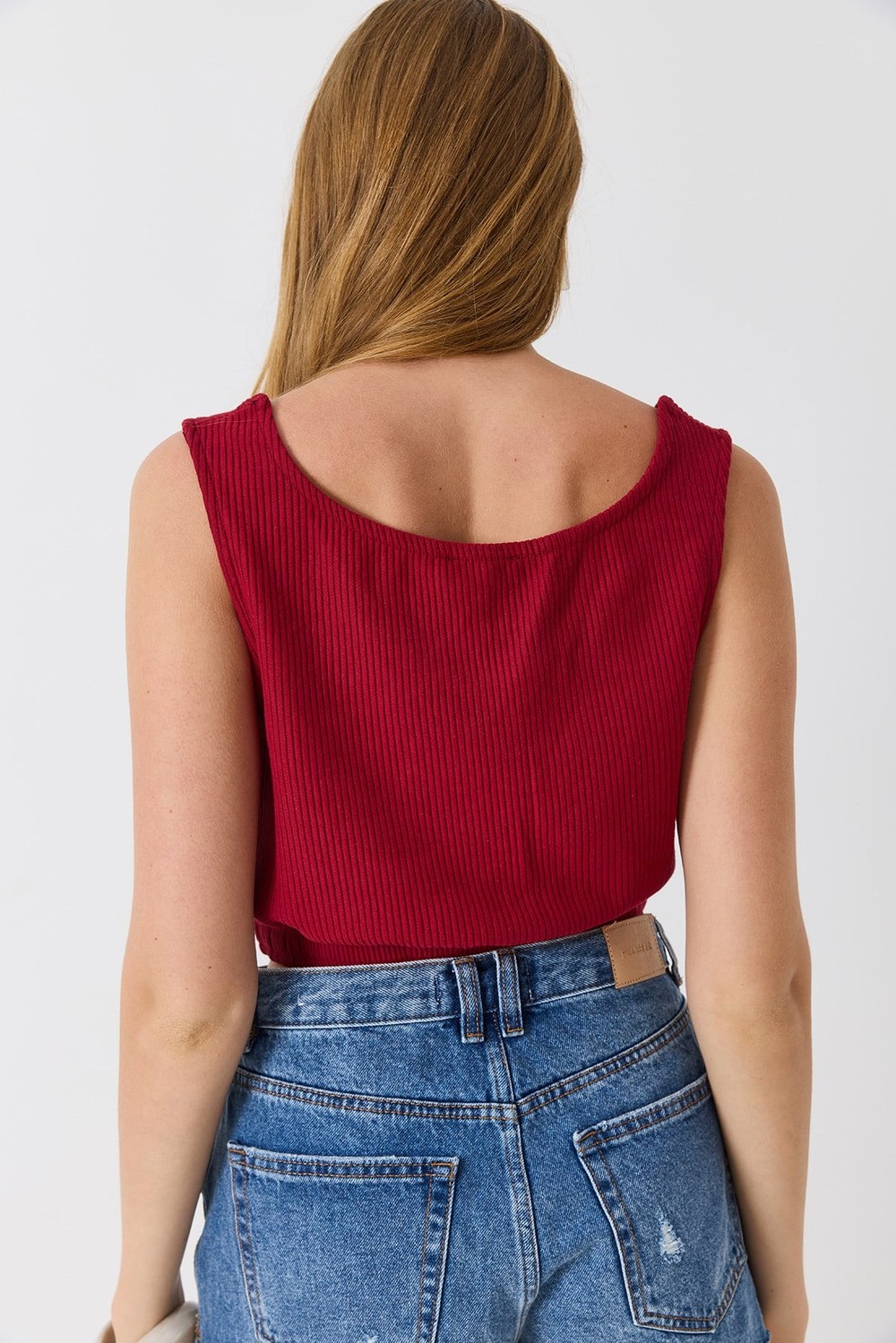 Kadın Kaşkorse Lastik Detaylı Askılı Crop Bordo