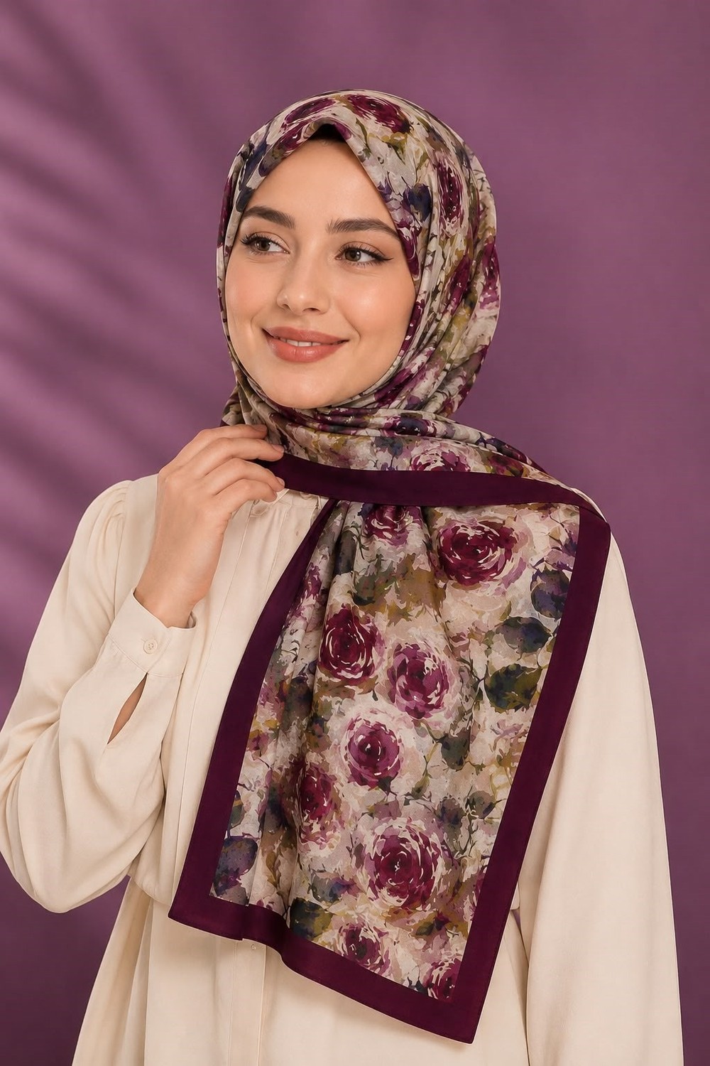 Kadın Çiçek Desenli 180X75 Ölçülü Şal Mürdüm