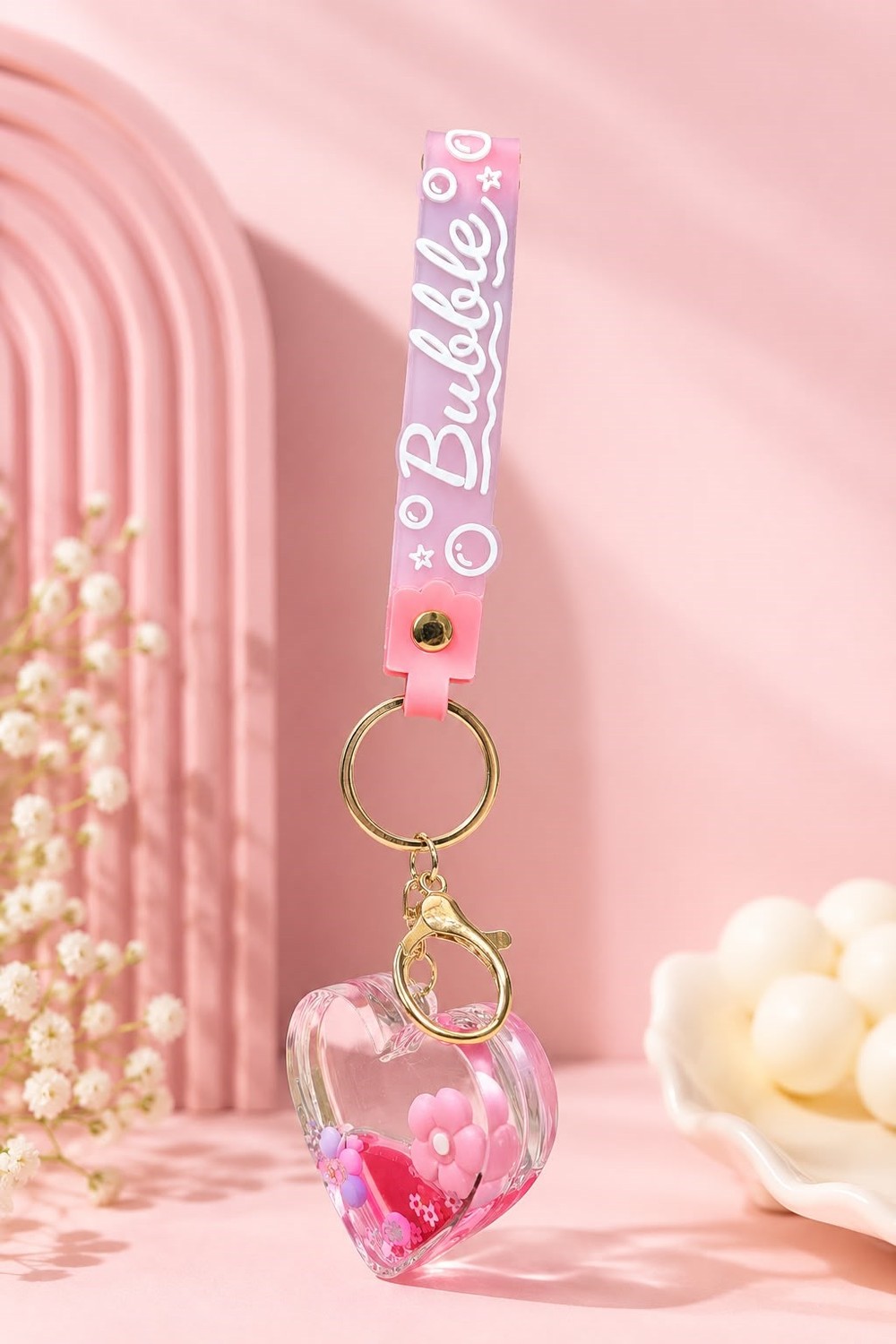 Bubble Kalp Figürlü İçi Sulu Anahtarlık Açık Pembe
