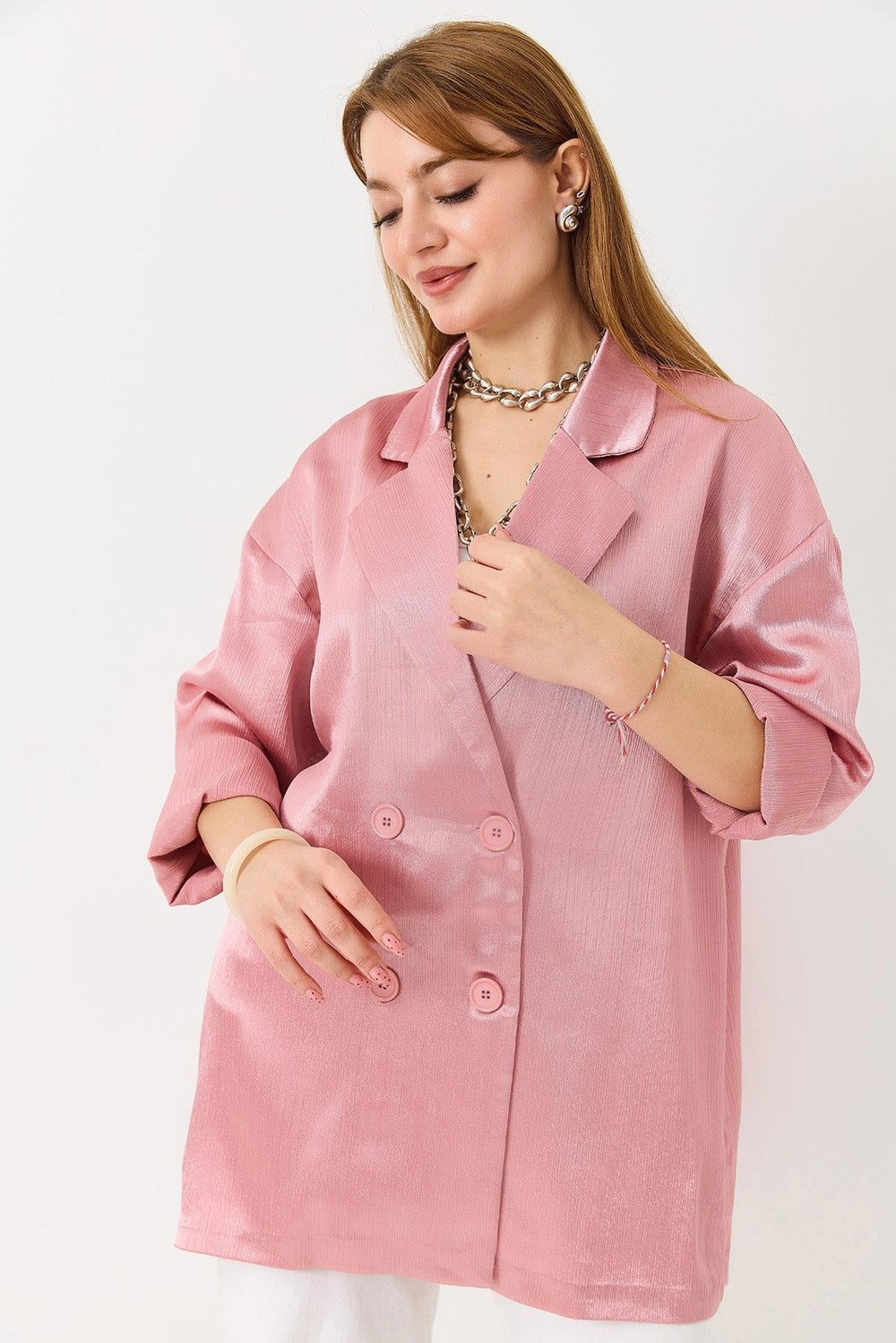 Kadın  Kruvaze Yaka Saten Oversize Blazer Ceket Pembe