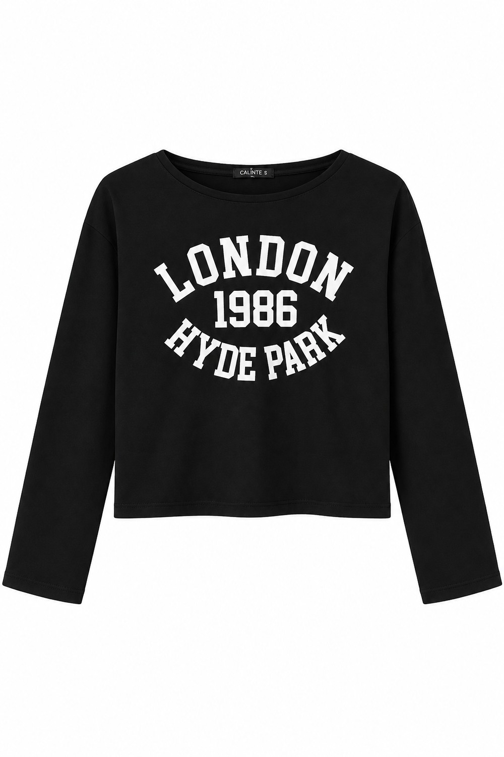 Kayık Yaka Viskon London Baskılı  Uzun Kollu Tshirt Siyah